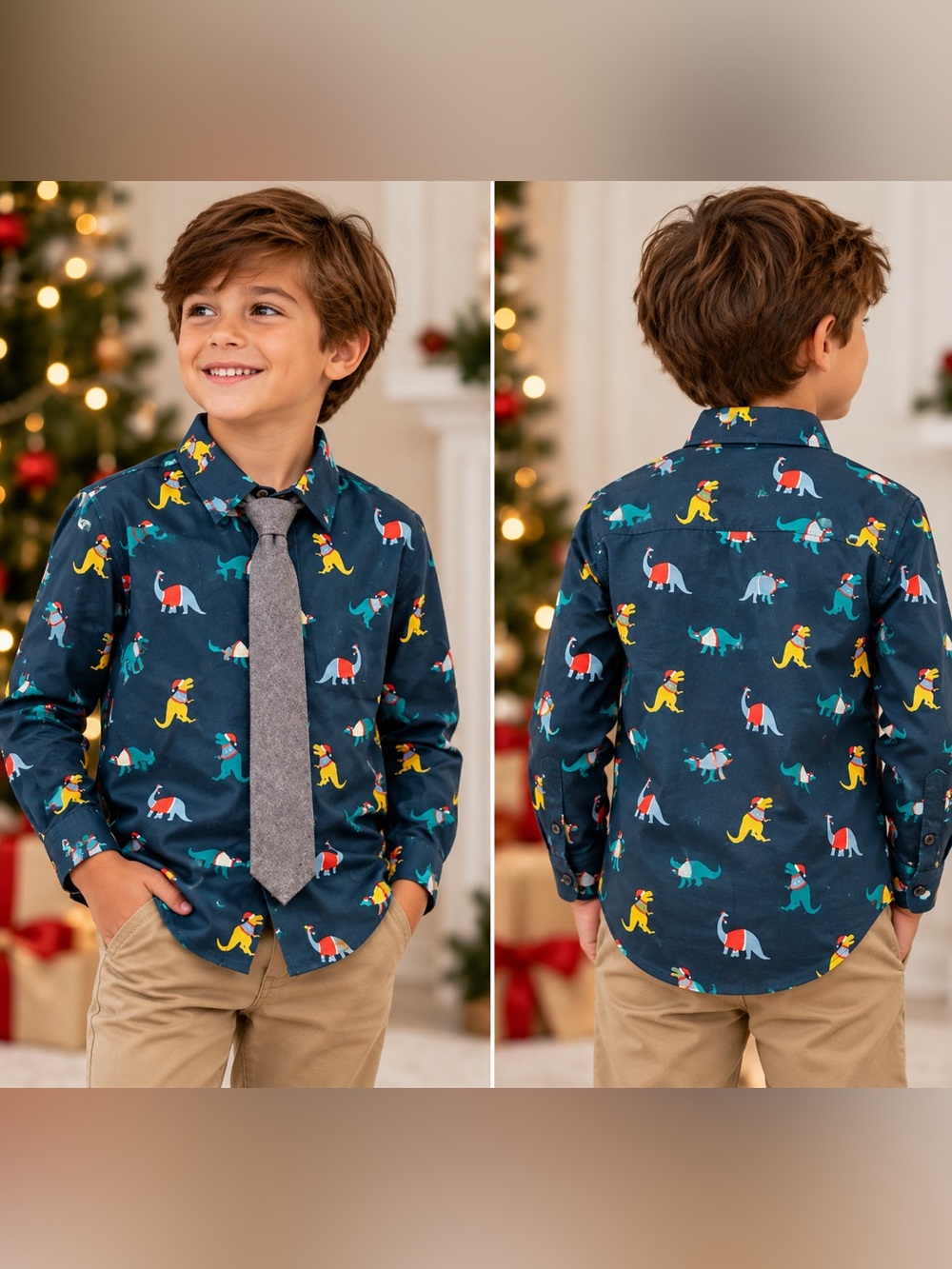 NWT SVRN Code Boys Size 8 Dinosaur Christmas Button Down Shirt Tie